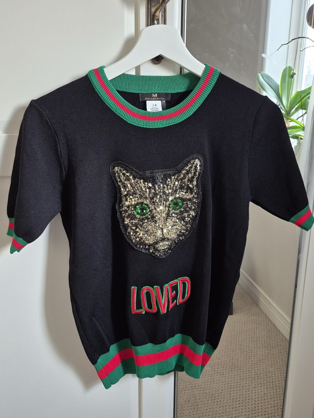 Sparkly Short Sleeve Gold Cat Top In Black By M Collection Fits XS-S